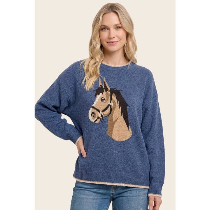 INDIGO HORSE JACQUARD CREW NECK SWEATER
