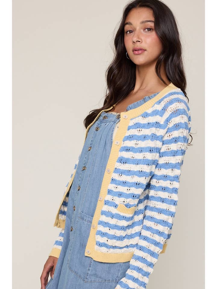 SKY BLUE & WHITE WAVY STRIPE CARDIGAN
