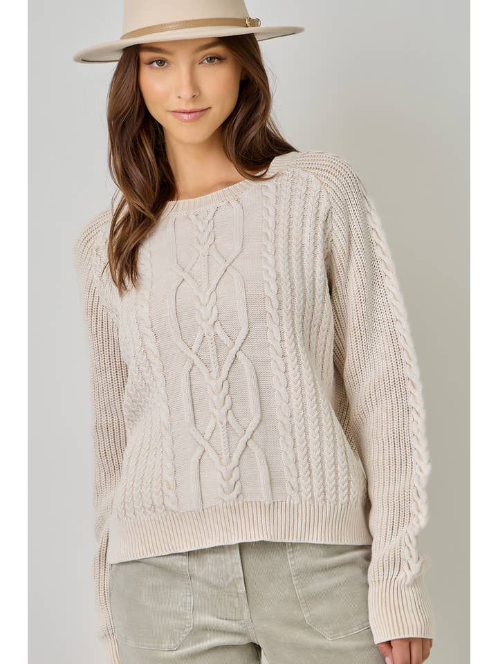 REGAN WASHED ALMOND CABLE SWEATER