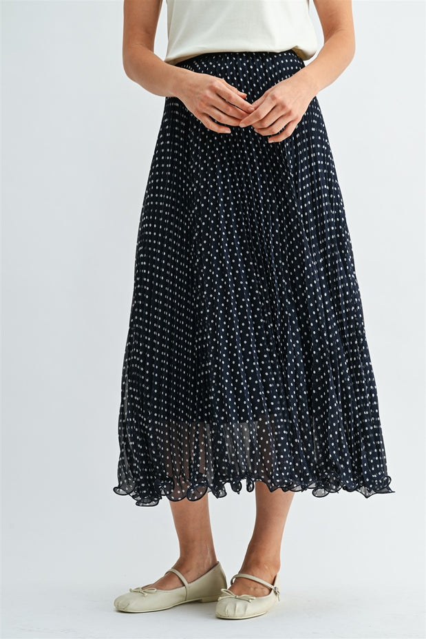 NAVY PLEATED POLKA DOT SKIRT

