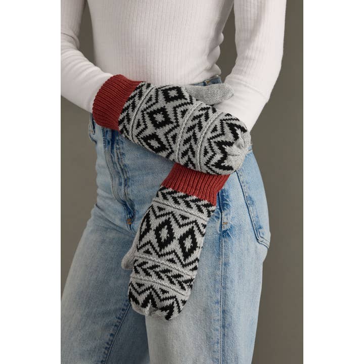 GREY, BLACK & RUST PATTERN FLEECE LINED MITTENS
