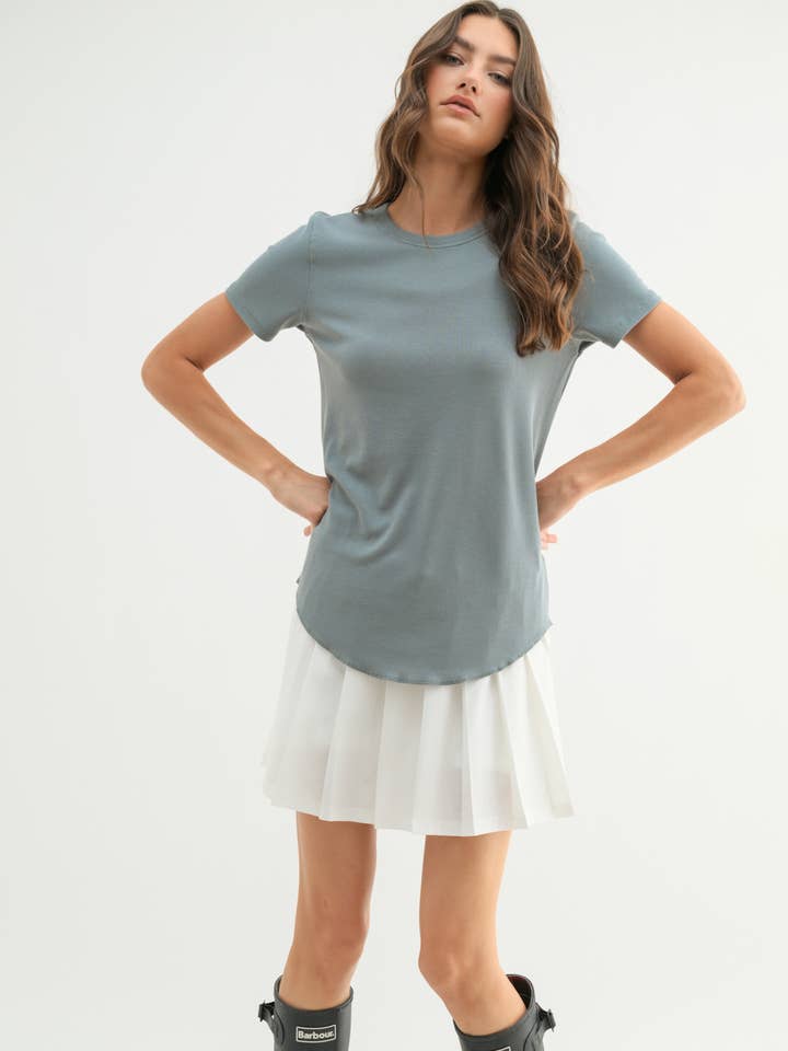 PEBBLE GREY RIB KNIT SHORT SLEEVE TOP
