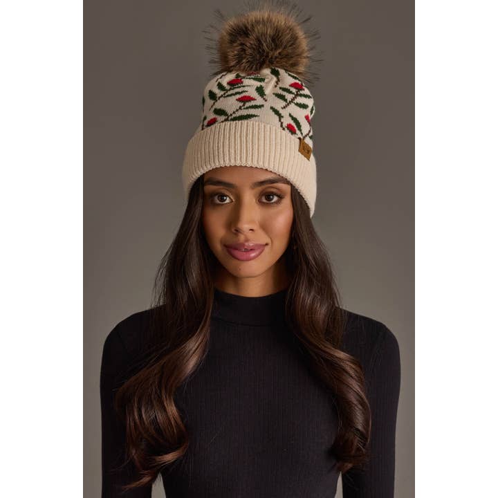 CREAM FLORAL PATTERN KNIT POM HAT
