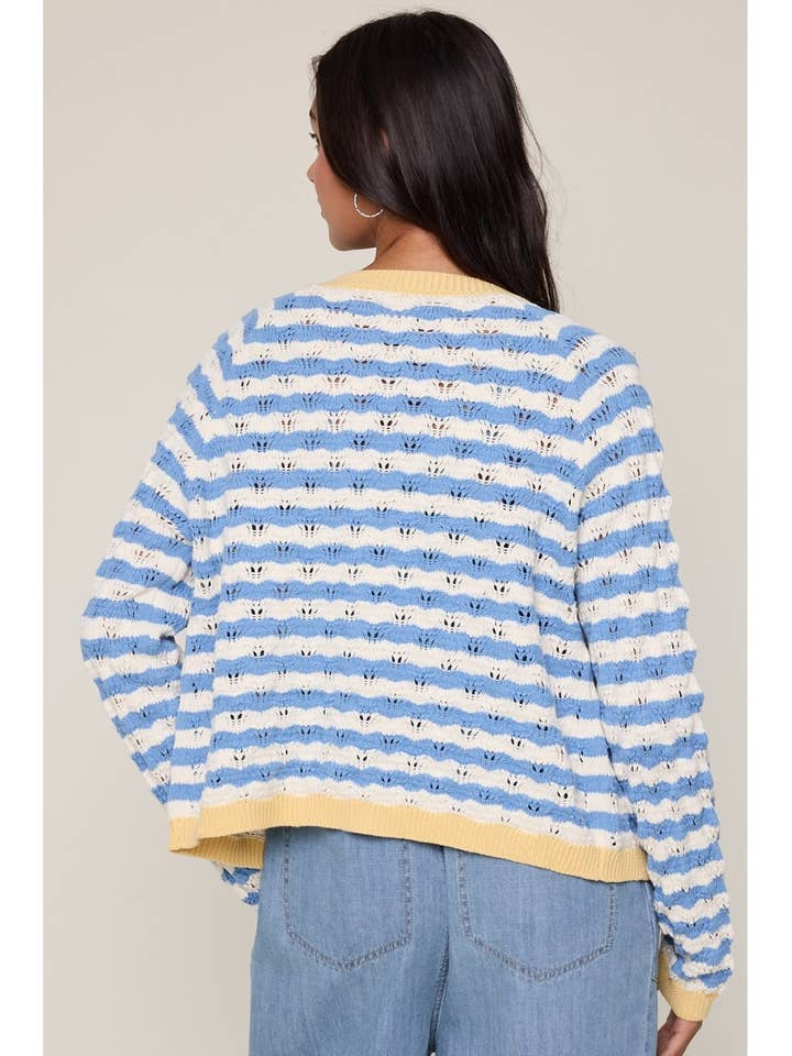 SKY BLUE & WHITE WAVY STRIPE CARDIGAN