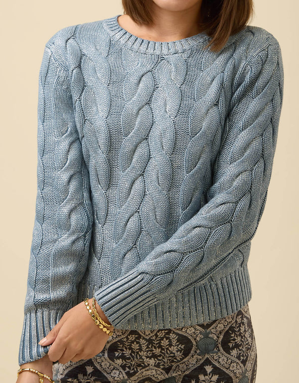 FLORENCE BLUE SILVER FOIL CREWNECK CABLE SWEATER
