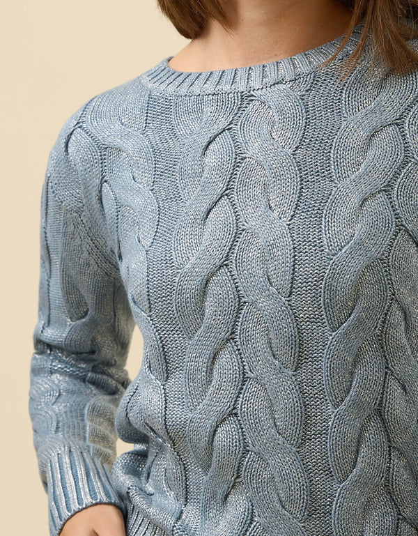 FLORENCE BLUE SILVER FOIL CREWNECK CABLE SWEATER
