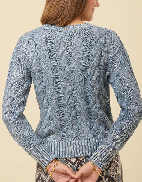 FLORENCE BLUE SILVER FOIL CREWNECK CABLE SWEATER
