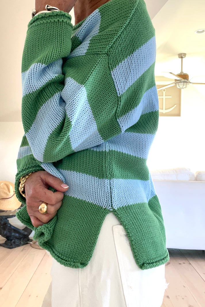 SKY & GREEN STRIPE ROLL NECK SWEATER