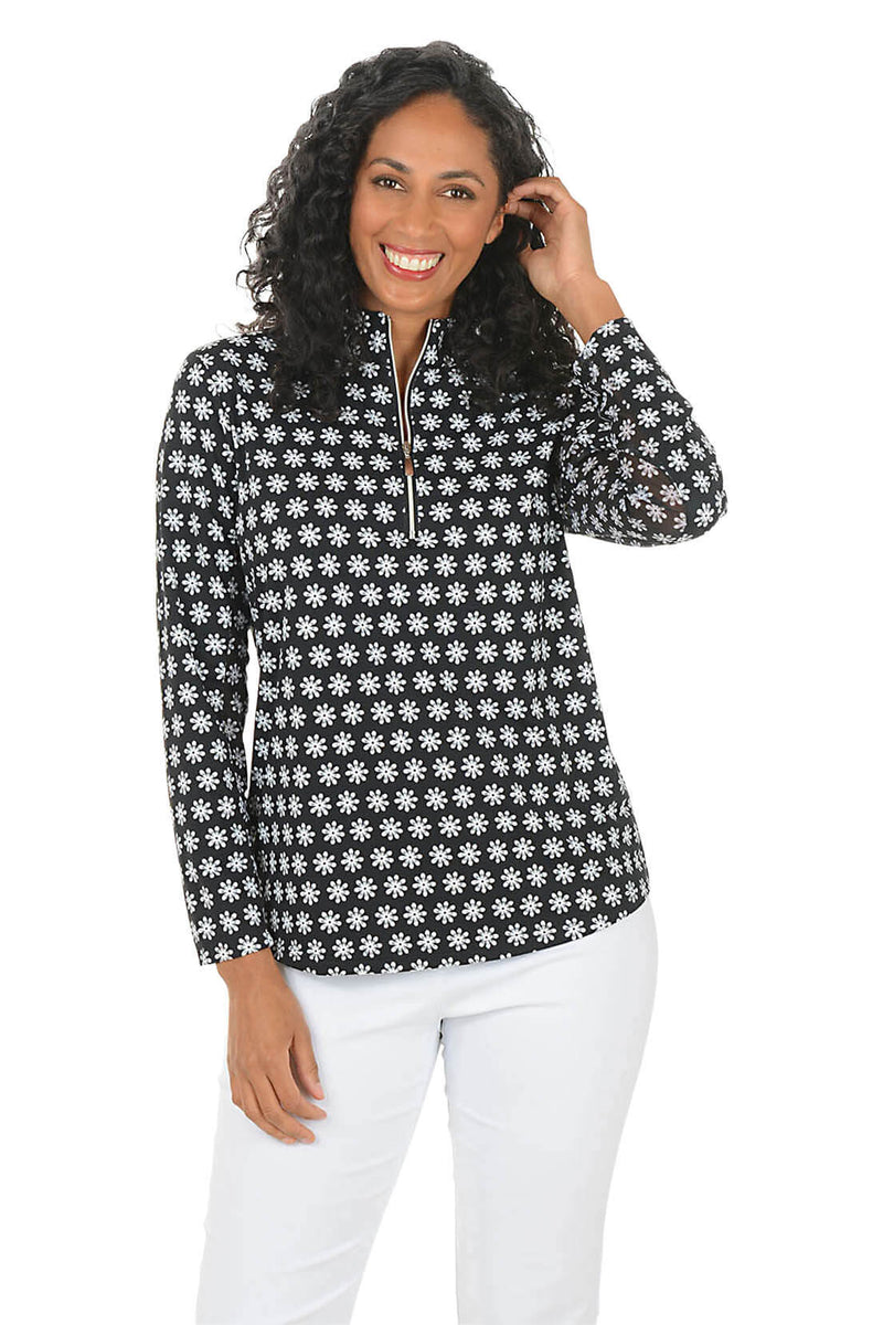 JENNIE BLACK PINWHEEL DAISY PRO ZIP PULLOVER
