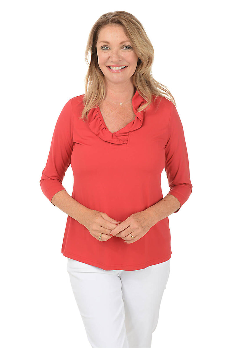 GEORGIE CRIMSON 3/4 SLEEVE RUFFLE SHIRT

