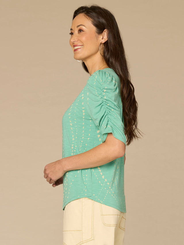 DEEP JADE PRINT ELBOW SLEEVE KNIT TOP
