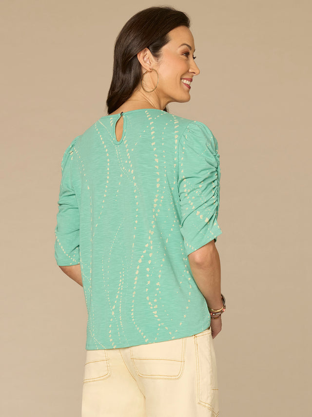 DEEP JADE PRINT ELBOW SLEEVE KNIT TOP