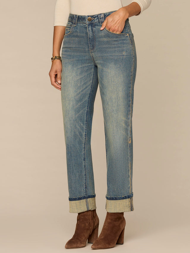 "Ab"solution High Rise Boyfriend Jeans with Cuffed Hem