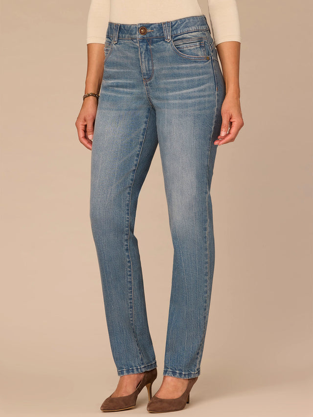 MID BLUE ARTISANAL ABSOLUTION BITTY BOOT LIFT STRAIGHT LEG JEANS
