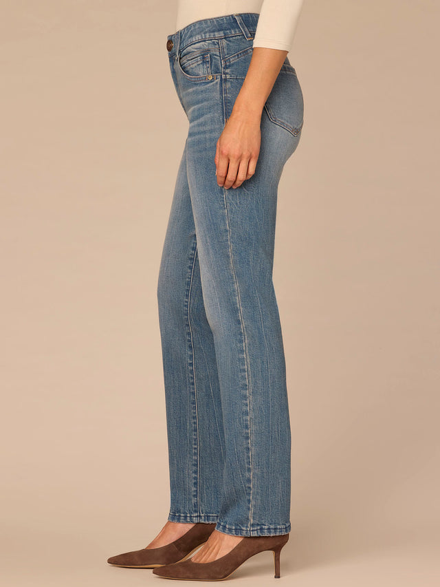 MID BLUE ARTISANAL ABSOLUTION BITTY BOOT LIFT STRAIGHT LEG JEANS