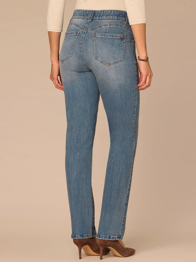 MID BLUE ARTISANAL ABSOLUTION BITTY BOOT LIFT STRAIGHT LEG JEANS