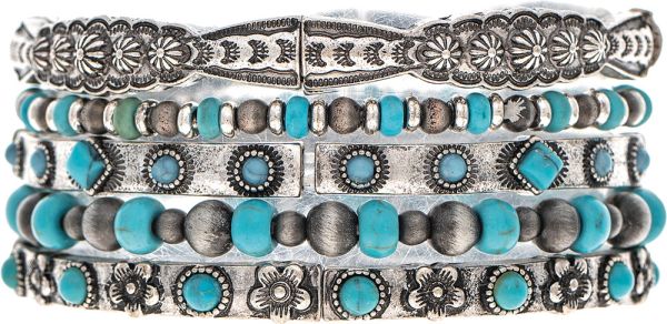 SILVER & TURQUOISE NAVAJO BEADS BRACELET SET