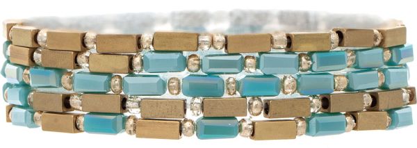 Gold Blue Glass Tube Bead 5 Bracelet Set
