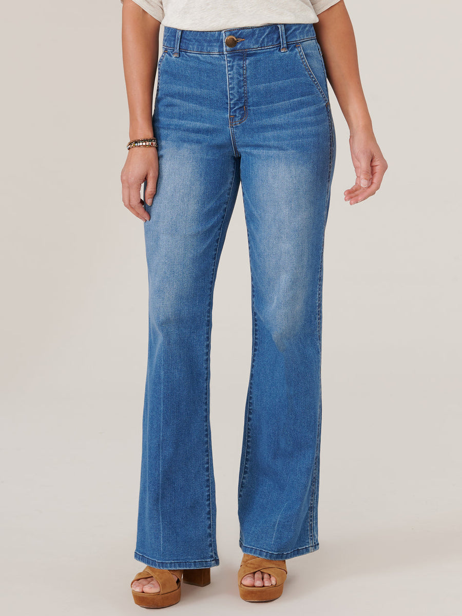 MID BLUE SKYRISE DOUBLE SIDE SEAM TROUSER JEAN
