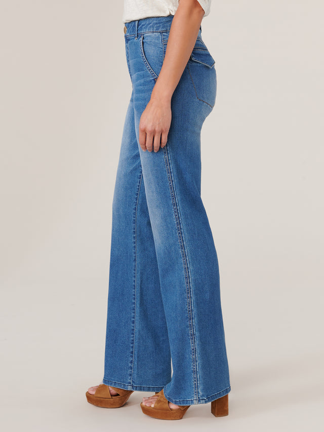 MID BLUE SKYRISE DOUBLE SIDE SEAM TROUSER JEAN