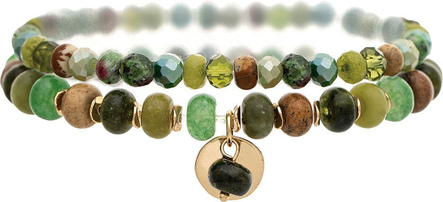 Gold Green Multi Color Treated Jade Bead Bracelet Set
