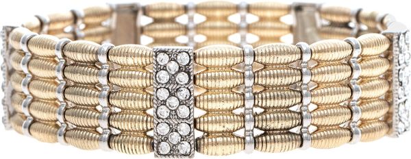 Gold Silver Woven Texture Bead with Pave Crystal Bracelet
