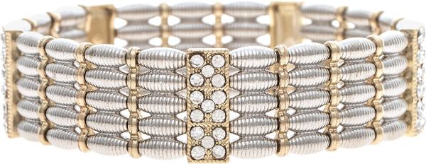 Silver Gold Woven Texture Bead with Pave Crystal Bracelet
