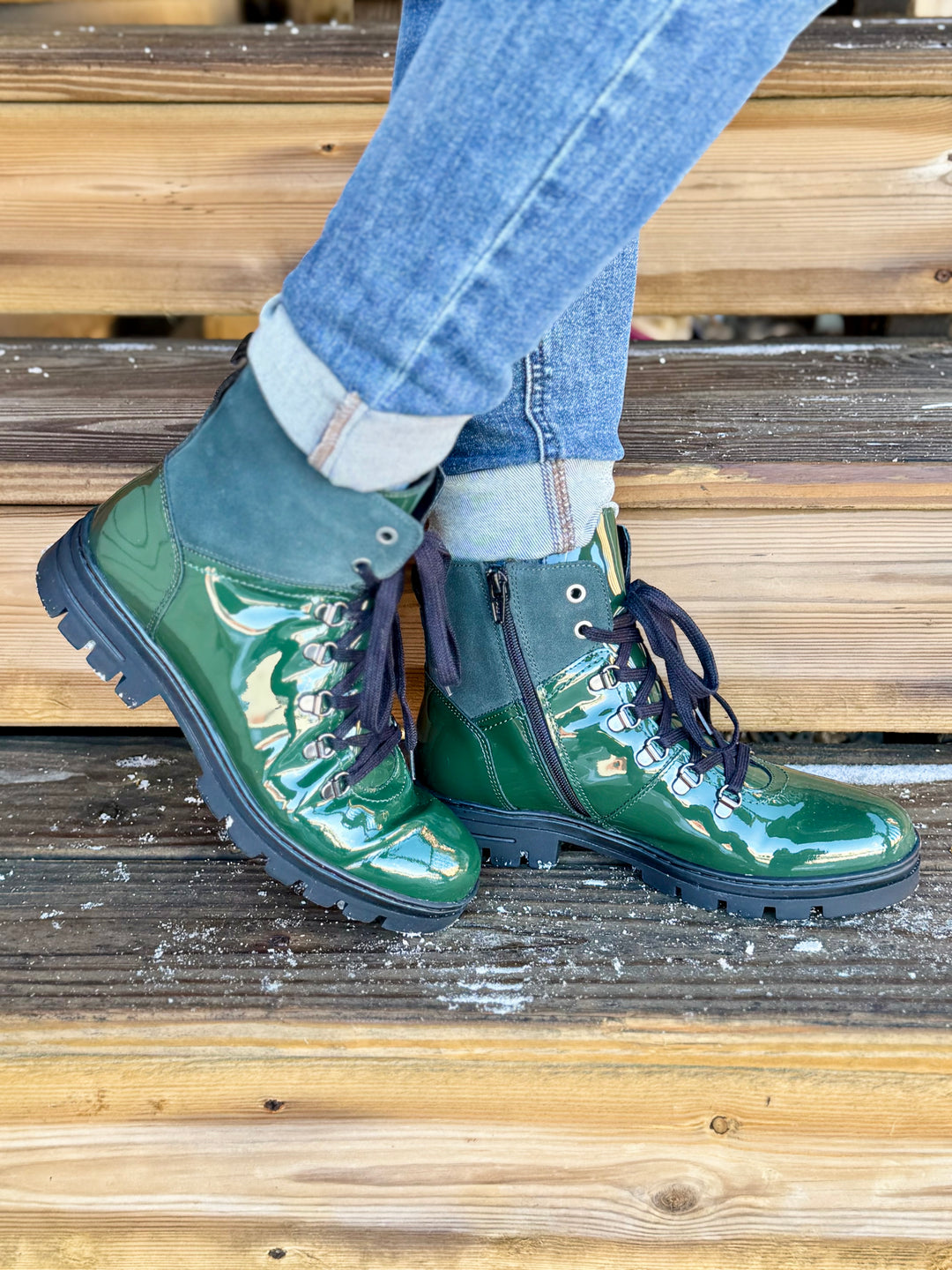 GREEN DONNA PATENT BOOTS