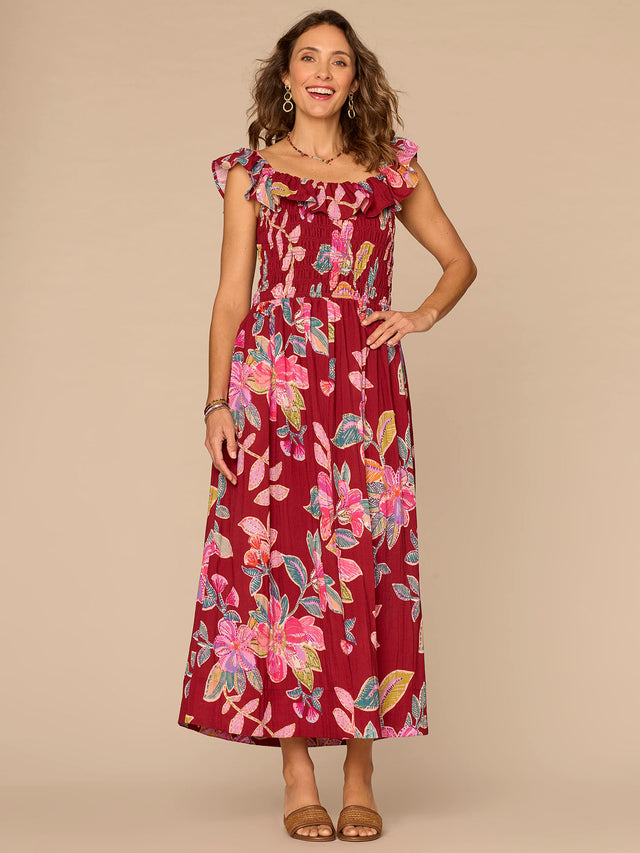 DEEP SCARLET & SAGE FLORAL MIDI DRESS