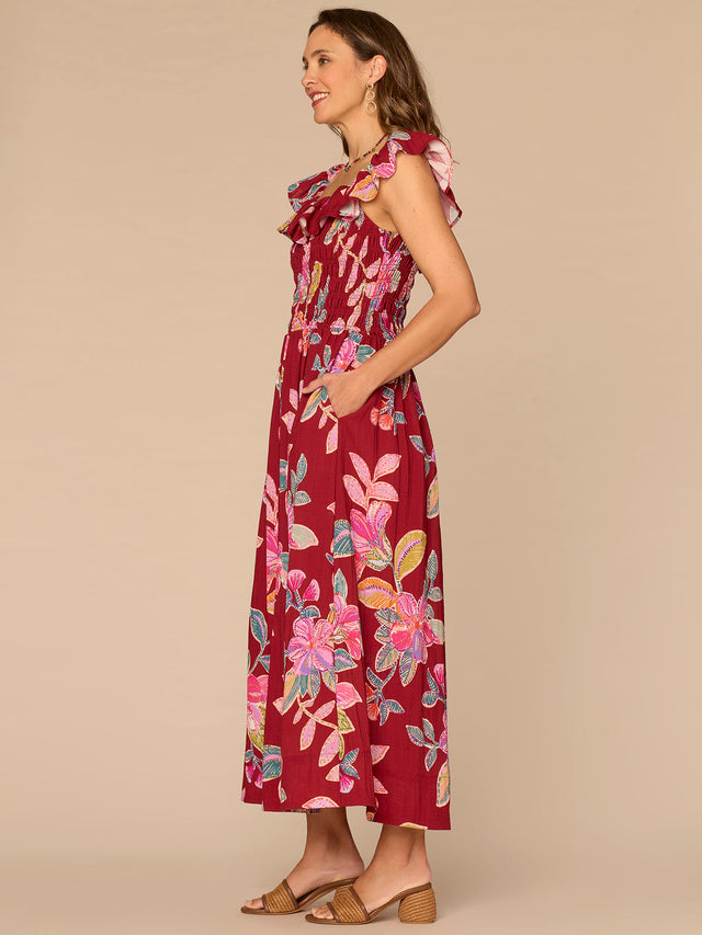 DEEP SCARLET & SAGE FLORAL MIDI DRESS