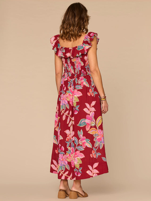 DEEP SCARLET & SAGE FLORAL MIDI DRESS
