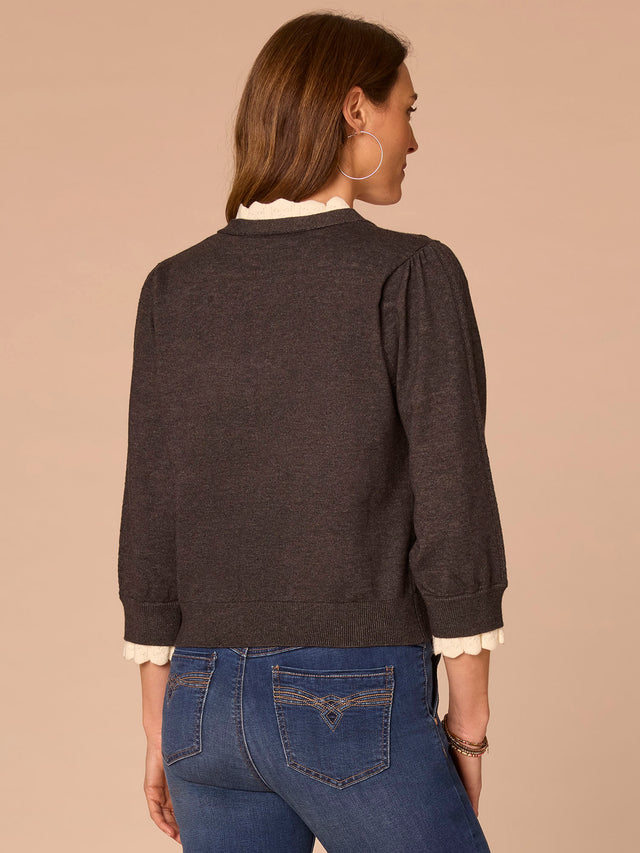 CHARCOAL DOUBLE LAYER V-NECK BUTTON DOWN SWEATER