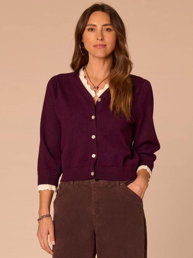 DARK RASIN BOUBLE LAYER V-NECK BUTTON DOWN SWEATER