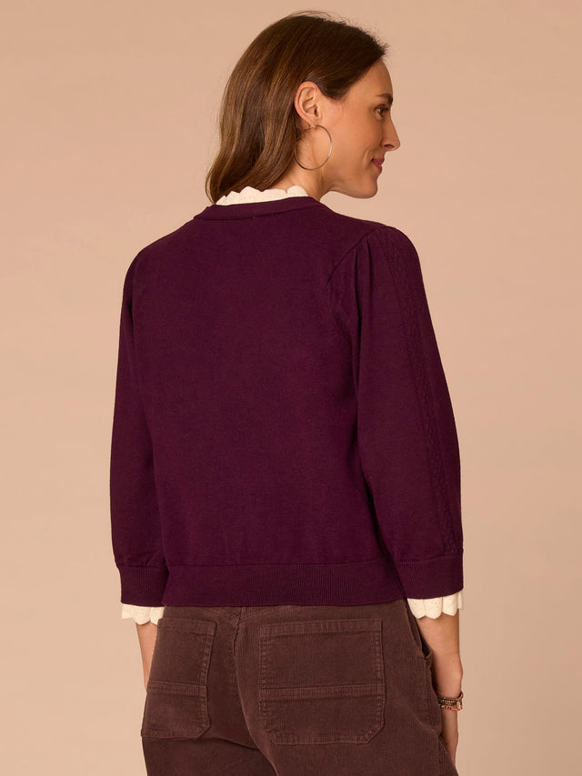 DARK RASIN BOUBLE LAYER V-NECK BUTTON DOWN SWEATER
