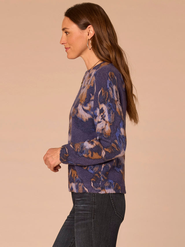 EVENING BLUE ABSTRACT FLORAL MOCK NECK SWEATER