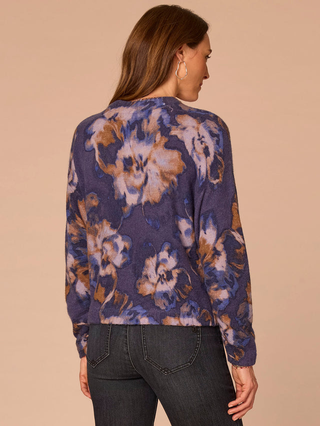 EVENING BLUE ABSTRACT FLORAL MOCK NECK SWEATER