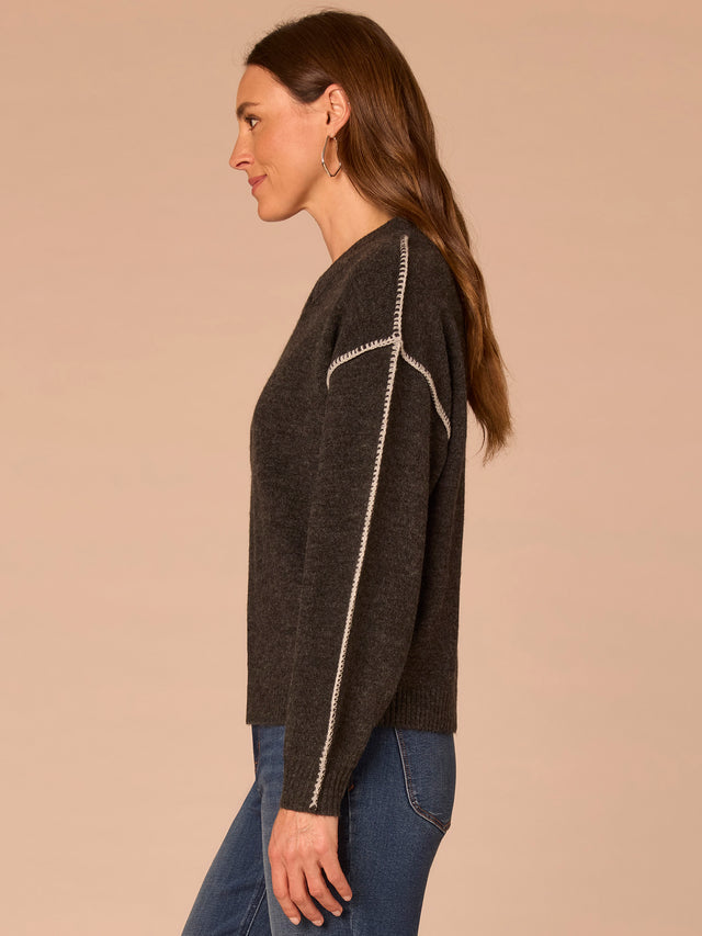 HEATHER CHARCOAL LONG BLOUSON SLEEVE SWEATER WITH BLANKET STITCH EMBROIRIDERY