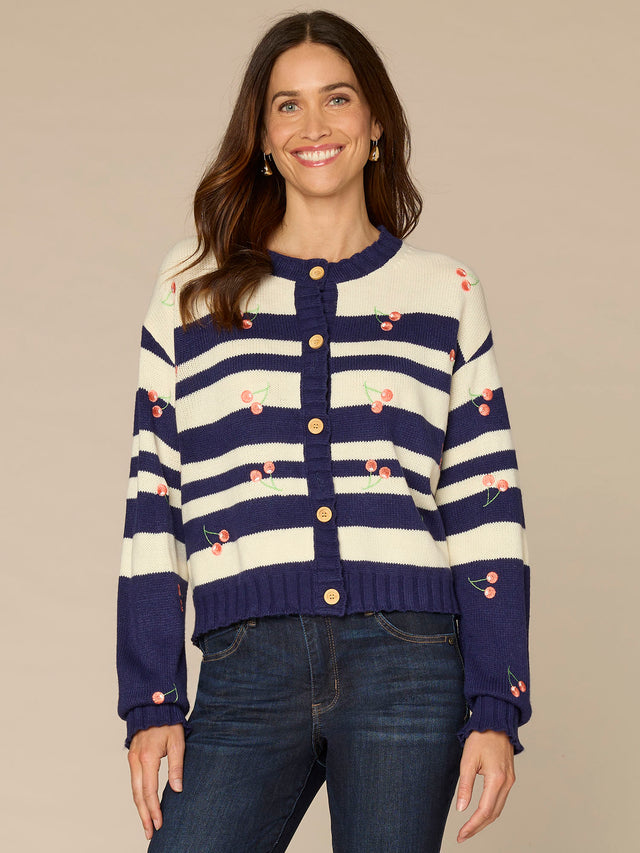 CHERRY EMBROIDERED STRIPE CARDIGAN SWEATER