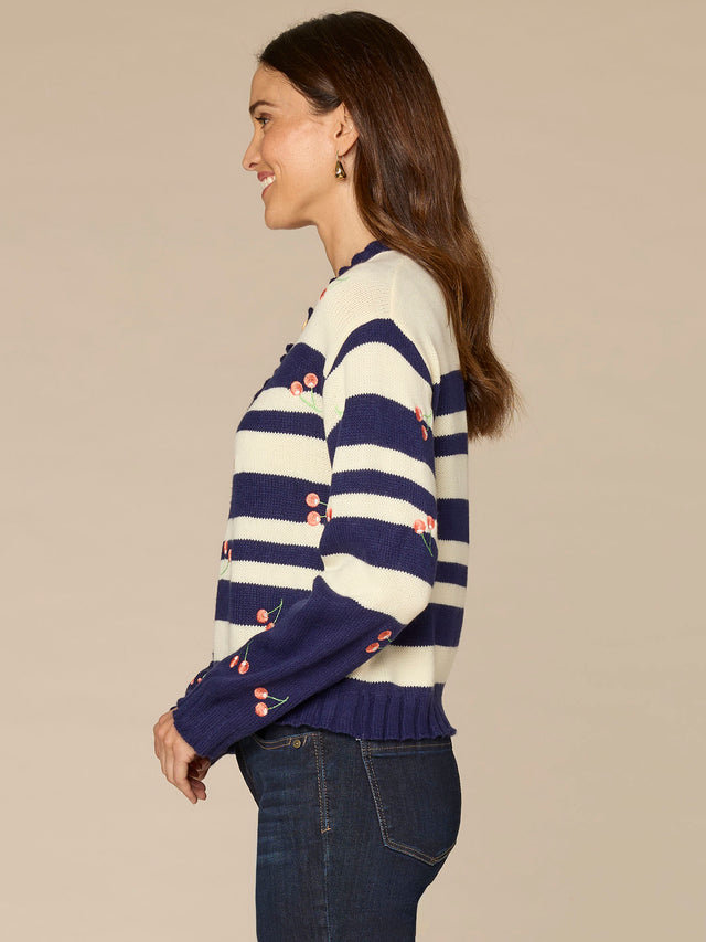 CHERRY EMBROIDERED STRIPE CARDIGAN SWEATER
