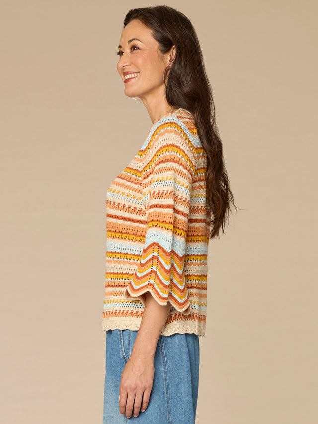 HONEY & BLUE CROCHET STITCH STRIPE SWEATER
