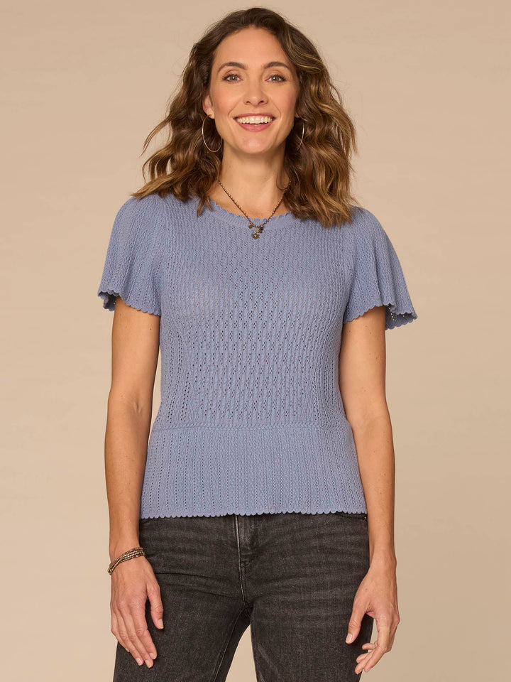 HORIZON BLUE FLOUNCE SLEEVE PEPLUM SWEATER