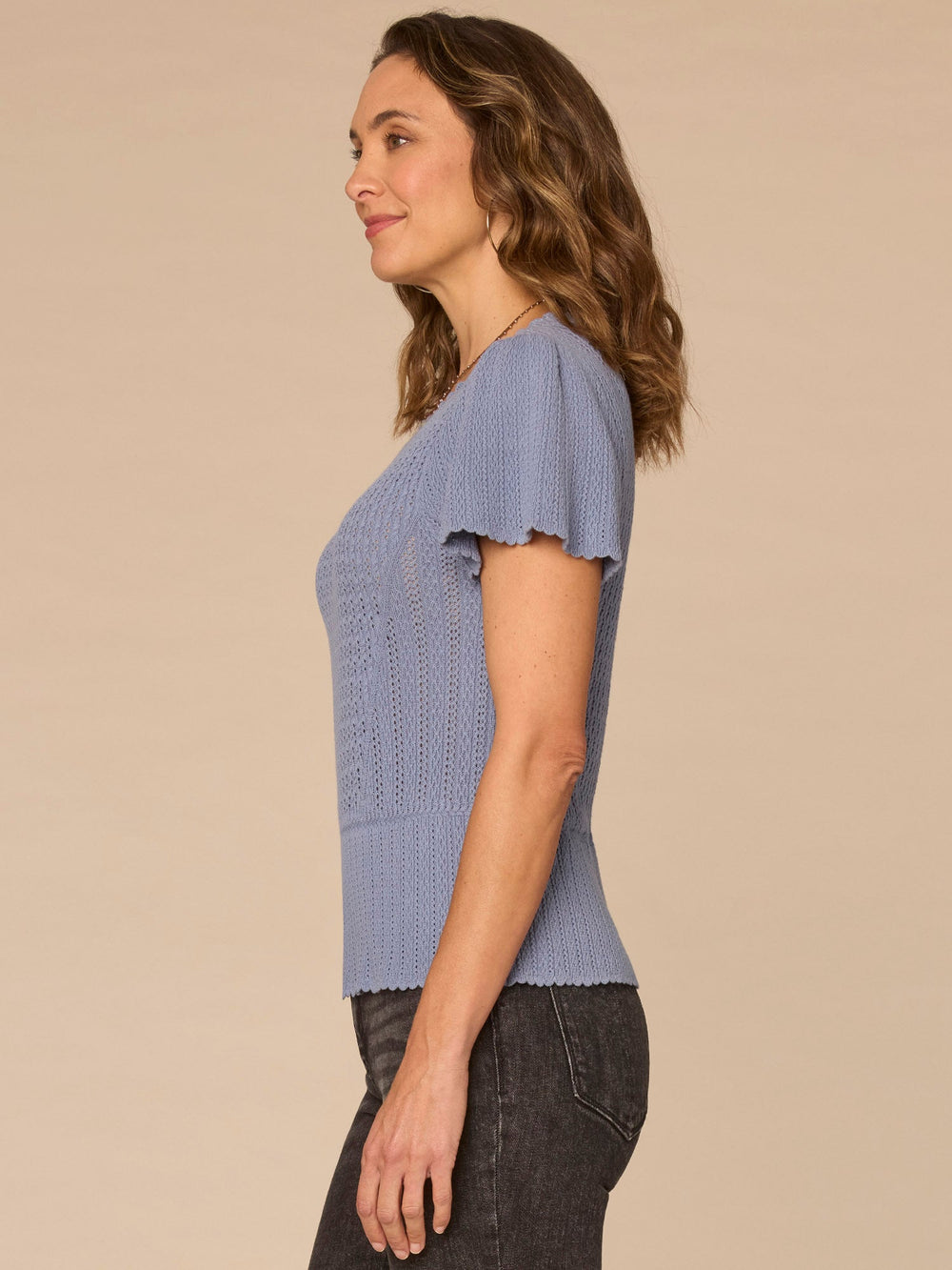 HORIZON BLUE FLOUNCE SLEEVE PEPLUM SWEATER
