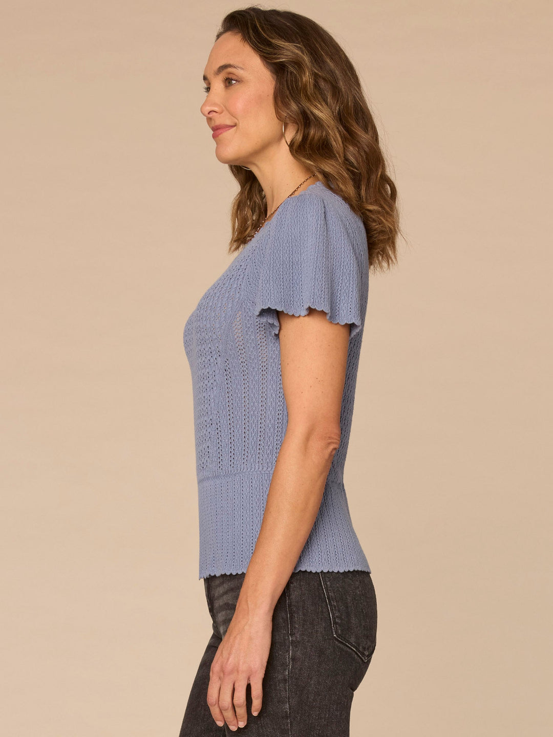 HORIZON BLUE FLOUNCE SLEEVE PEPLUM SWEATER
