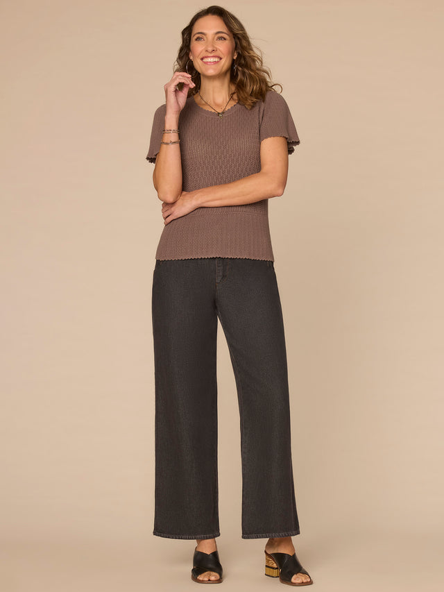 OYSTER MUSHROOM FLOUNCE SLEEVE PEPLUM SWEATER
