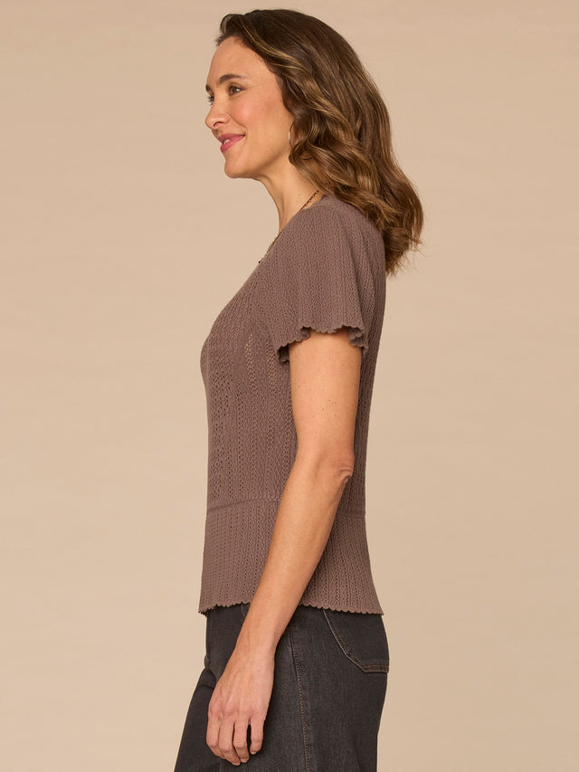 OYSTER MUSHROOM FLOUNCE SLEEVE PEPLUM SWEATER