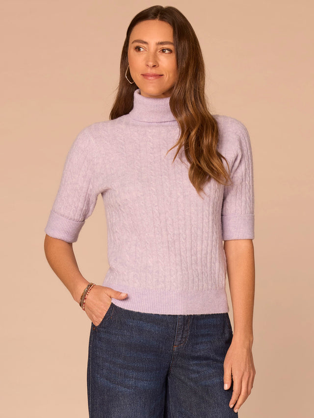 SILVER VIOLET CUFFED ELBOW SLEEVE CABLE TURTLENECK SWEATER