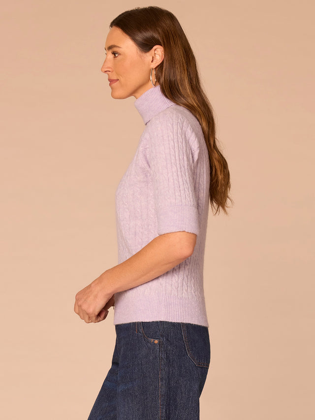 SILVER VIOLET CUFFED ELBOW SLEEVE CABLE TURTLENECK SWEATER
