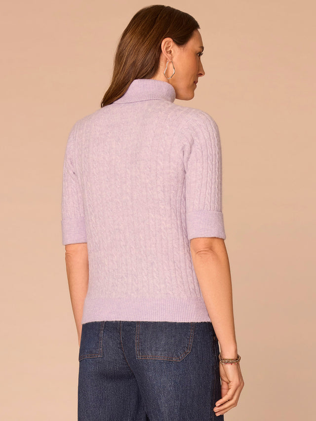 SILVER VIOLET CUFFED ELBOW SLEEVE CABLE TURTLENECK SWEATER