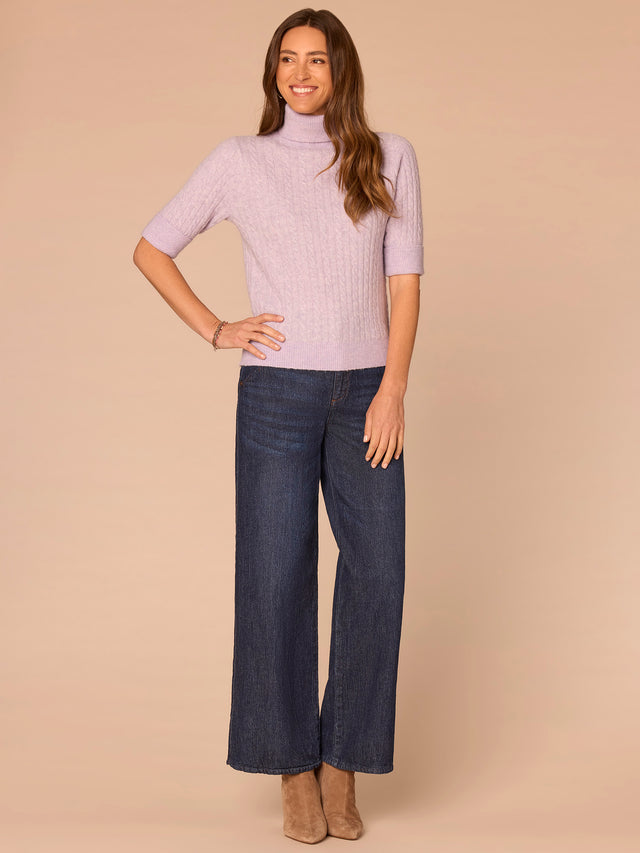 SILVER VIOLET CUFFED ELBOW SLEEVE CABLE TURTLENECK SWEATER