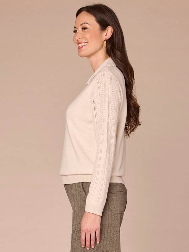 ECRU LONG SLEEVE V-NECK CROCHET SCALLOP COLLAR SWEATER
